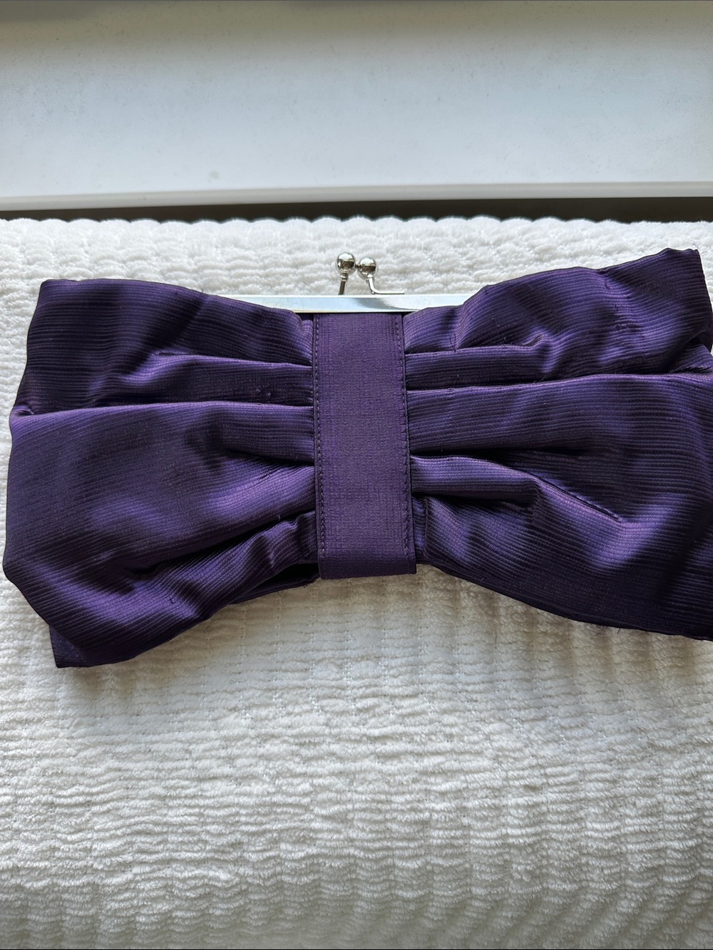 Jessica McClintock Kiss lock Purple Satin Bow Frame Clutch with Silver Hardware